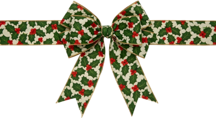 Christmas holly patterned gift bow and ribbon for festive seasonal decoration and design isolated PNG with Transparent Background