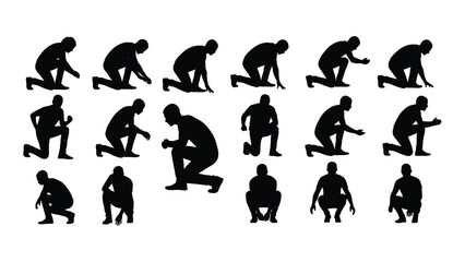 Kneeling and squatting male silhouettes vector set isolated on white background, Vector