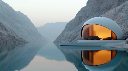 A modern, futuristic dome-shaped house with large windows sits on the edge of a lake, reflecting the warm interior light against a backdrop of snow-covered moun