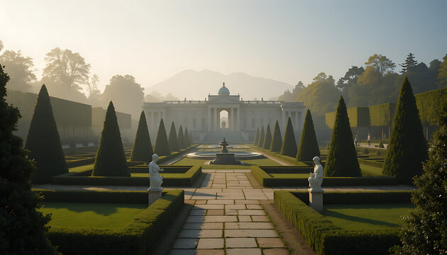 Symmetrical Formal Garden with Marble Statues and Morning Mist