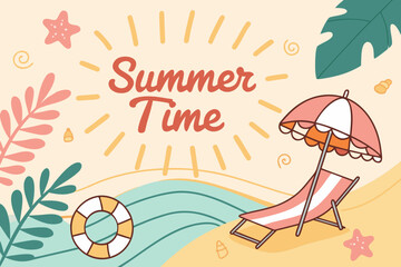 Summer Illustration with sunbed umbrella inflatable ring waves and leaves