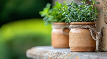 Close-up of two ceramic pots filled with fresh green herbs, sitting on a weathered wooden surface, with a blurred green background.