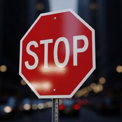 Red and white stop sign with blurred cityscape at night