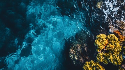 Aerial view of turquoise water and rocky coastline with yellow and orange formations.