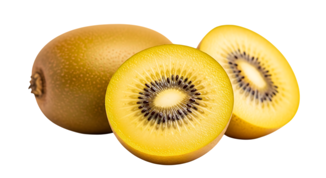 Golden kiwi fruit whole and halved isolated on transparent background - Powered by Adobe