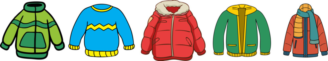 Collection of colorful winter jackets row
