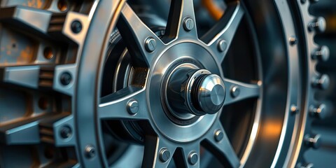 Close-up of a metallic wheel, intricate design, industrial texture,  part,  new