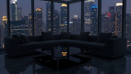 Modern living room interior with a large corner sofa overlooking a brightly lit cityscape at night.