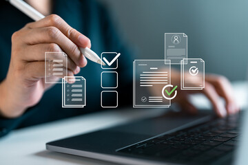 Business person using digital pen and laptop with checklist and document icons, task management, digital approval, document workflow, productivity tools and paperless organization systems.