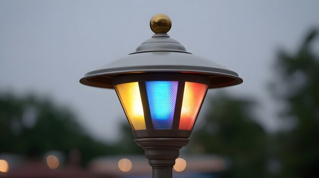 A decorative lamppost glows with vibrant multi colored lights during twilight illuminating an outdoor area