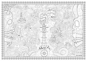 Gothic fantasy map with skulls, unknown land, ships, compass and creatures. Pirate adventures, treasure hunt and old transportation concept. Line art hand drawn vector illustration, coloring page