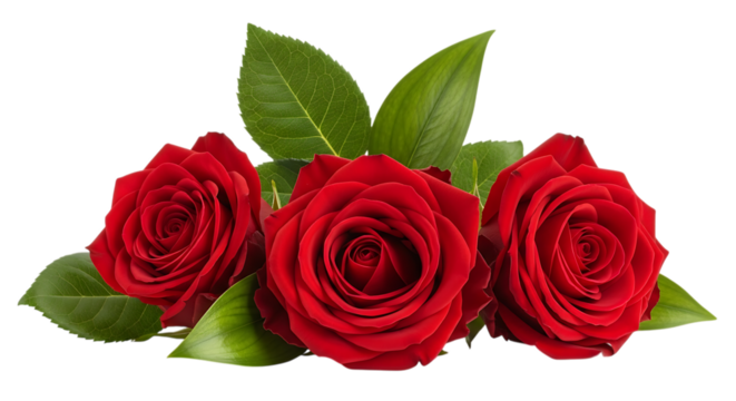 Three red roses with green leaves isolated on transparent background - Powered by Adobe