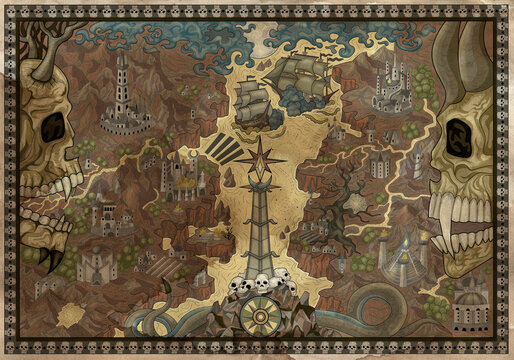 Colorful gothic fantasy map with skulls, unknown land, ships, compass and creatures. Pirate adventures, treasure hunt and old transportation concept. Hand drawn illustration