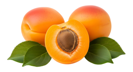 Fresh apricots with leaves isolated on transparent background