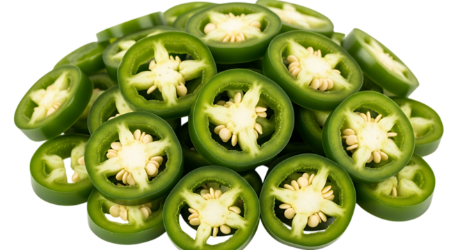 Pile of sliced green jalapeno peppers isolated on transparent background - Powered by Adobe
