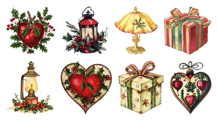Fototapeta premium PNG Vintage festive holiday decorations collection, element set on transparent background