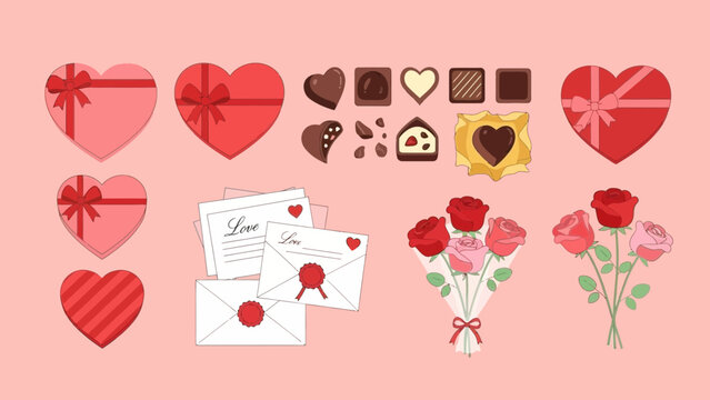 Romantic Valentine's Day Celebration featuring Heart Shaped Chocolate Boxes, Love Letters and Rose Bouquets perfect for heartfelt gifts and sweet moments