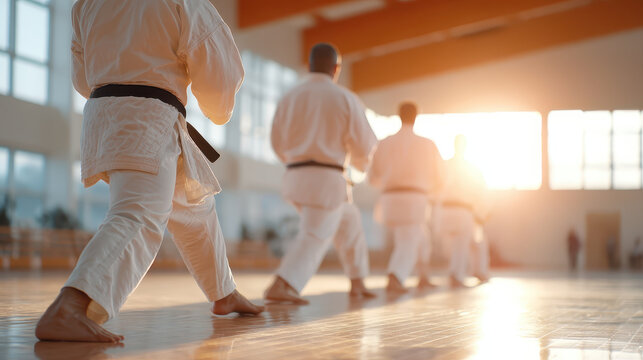 Martial artists practice judo and jiu jitsu in sunlit dojo, showcasing their skills and dedication. warm light enhances atmosphere of focus and discipline