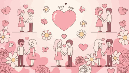 Sweet Valentine's Day Love with Couples Holding Hands, Flowers, Hearts, and Birds, Perfect for Romantic Greetings or Wedding Invitations, Originally Vector Graphics
