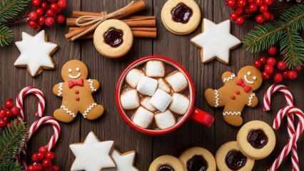 Festive christmas cookies and hot cocoa with marshmallows