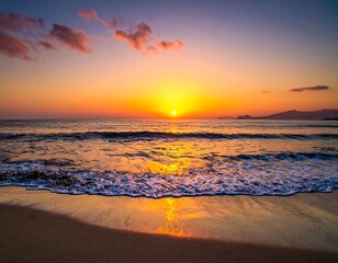 Vivid sunset over ocean waves washing ashore on sandy beach