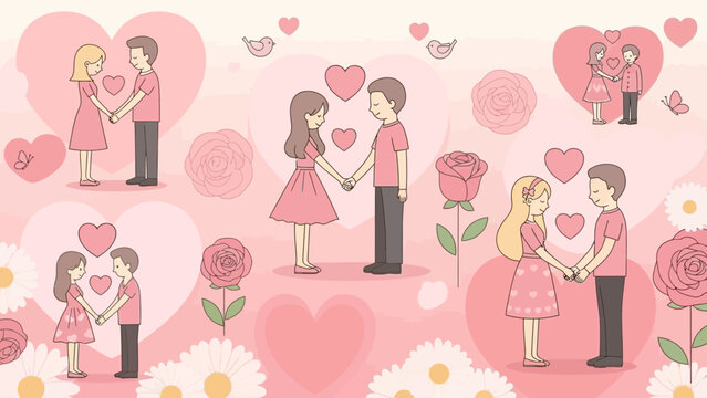 Romantic couples holding hands surrounded by hearts and roses, perfect for Valentine's Day designs, wedding invitations, or love themed projects, vector style