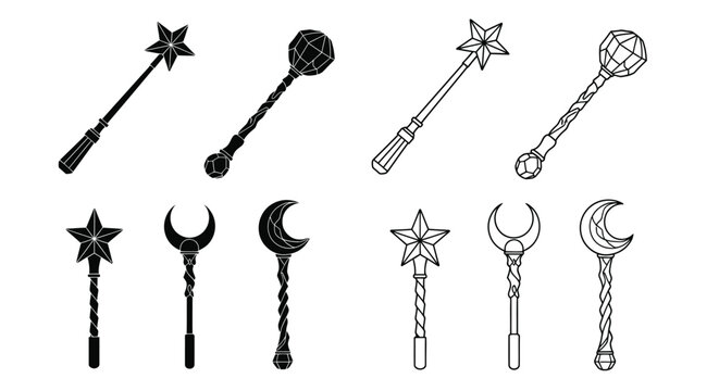 A collection of whimsical black and white magical objects and celestial symbols