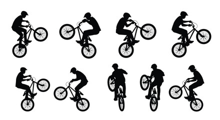 Silhouette cyclists in various biking poses showcasing dynamic movement and action