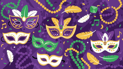 Celebrate Mardi Gras with vibrant festive masks, beads, and musical notes for a joyful carnival atmosphere, perfect for party invitations and event promotions