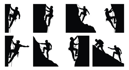 Silhouettes of rock climbers ascending various rock formations and cliff faces