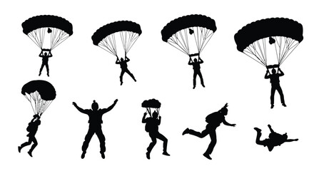 Silhouettes of skydivers in freefall and under canopy dynamic action scene