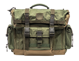 Olive drab bag w/ straps & buckles; dark background