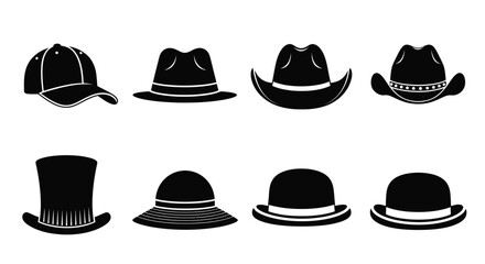 Variety of black silhouette hats including baseball caps fedoras and top hats