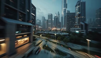 Dynamic twilight cityscape with modern skyscrapers and multi-lane roads, streaked with blurred vehicle lights, capturing the vibrant energy of a bustling metropolis