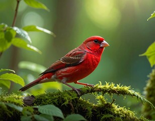 Vivid red bird perches on mossy branch, lush green foliage