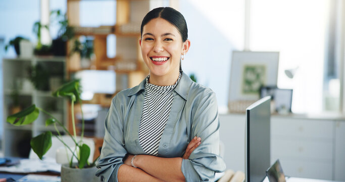 Portrait, smile and woman in office with arms crossed, about us or founder of eco friendly startup. Happy, pride and entrepreneur with confidence, experience and career in sustainable small business.