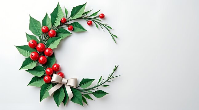 Christmas holly wreath crescent shape with red berry and beige bow decoration isolated on white background for holiday greeting card design element