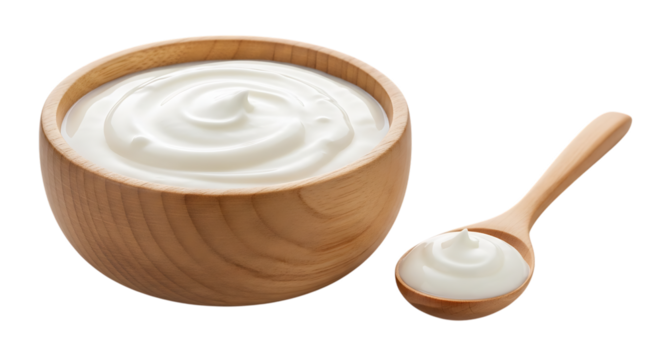 Creamy white yogurt in a wooden bowl with a spoon isolated on transparent background