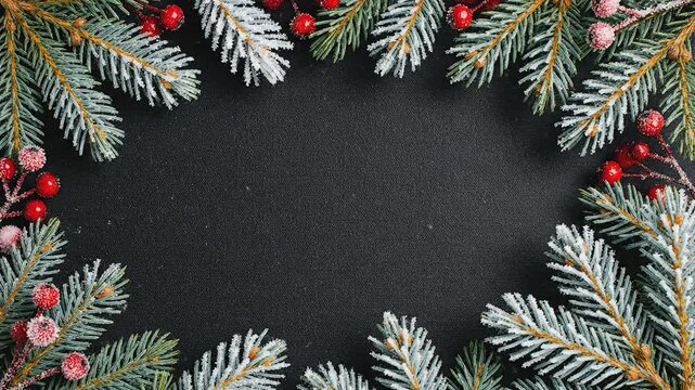 Frosty christmas evergreen pine border frame static composition background use holiday season template