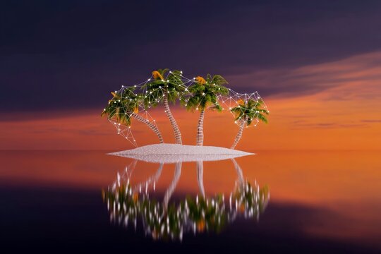 A digital illustration of palm trees on a small island, connected by a network of glowing lines, reflecting in the water during a sunset.