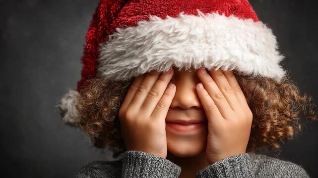 A playful child wearing an oversized Santa hat that covers half their eyes, smiling mischievously under studio lighting.