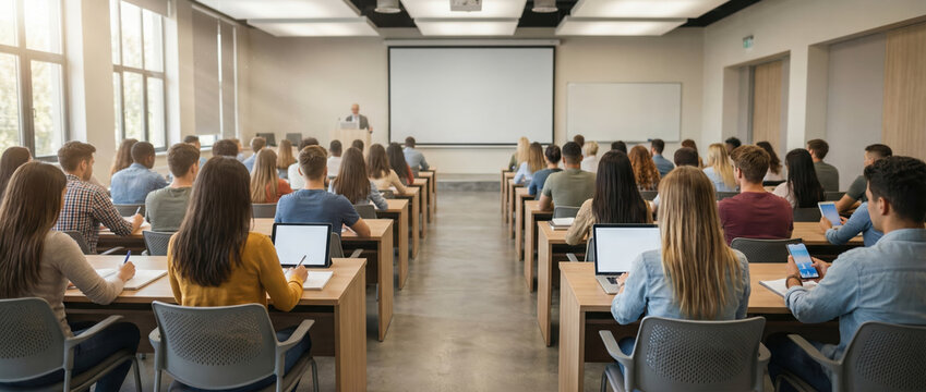Group of students attending a presentation in a lecture hall