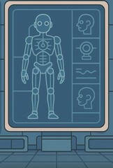 Futuristic robot blueprint with head scans displayed on screen