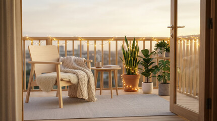 Obraz premium Cozy balcony with string lights, plants, and comfortable seating