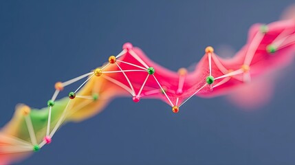 An abstract representation of a data structure with colorful spheres connected by lines, set against a blue background.