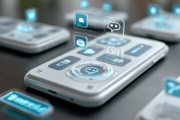 AI-powered procurement system concept with chatbot and digital invoice icons on mobile device, representing automation in B2B purchasing and mobile supply chain management solutions