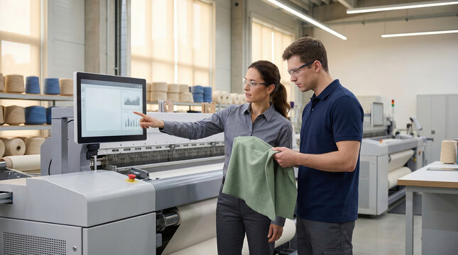 Engineers inspecting fabric quality and machine data in a textile factory