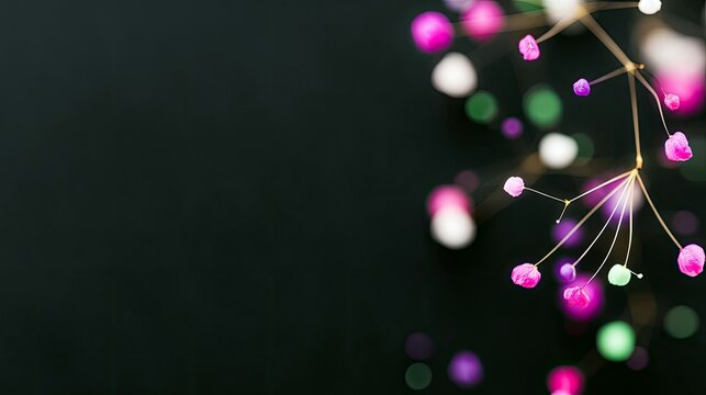 An abstract image featuring a floral arrangement with a bokeh effect, set against a dark background. The arrangement includes pink, purple, white, and green sph