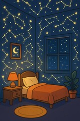 Dreamy bedroom scene with glowing stars and constellations at nighttime