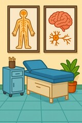 Explore a bright chiropractor's office with anatomy charts and bed